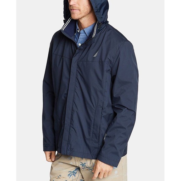 Nautica Mens Navy Blue Jacket Full Zip Hidden Hood Collar Logo Water Resistant S